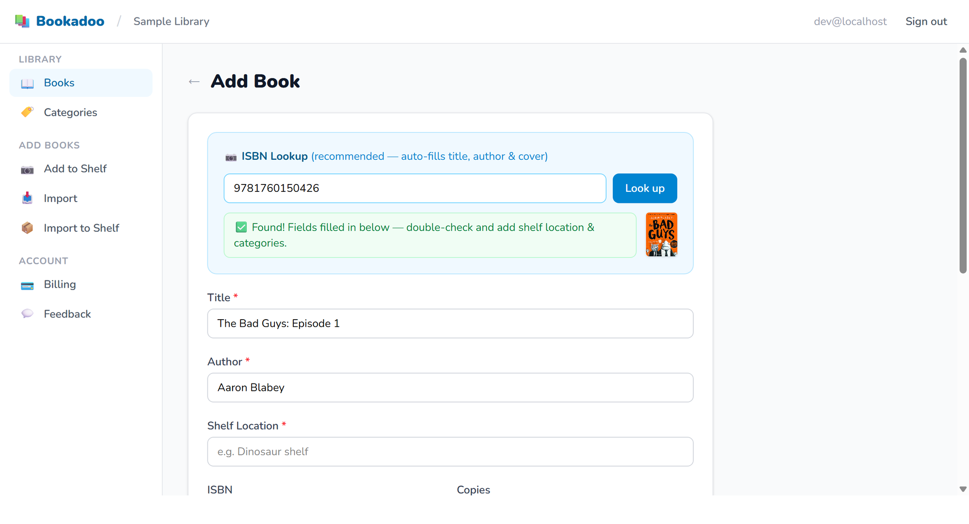Add book by ISBN — title and author auto-fill