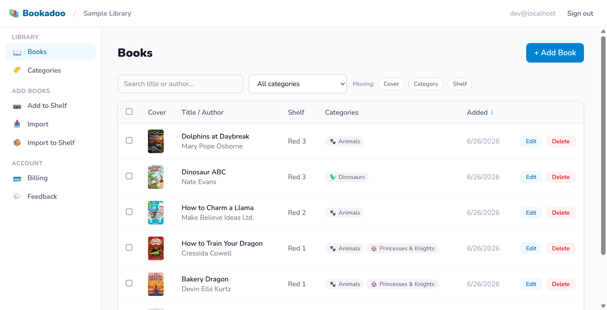 Books management list with covers, shelf locations, and categories