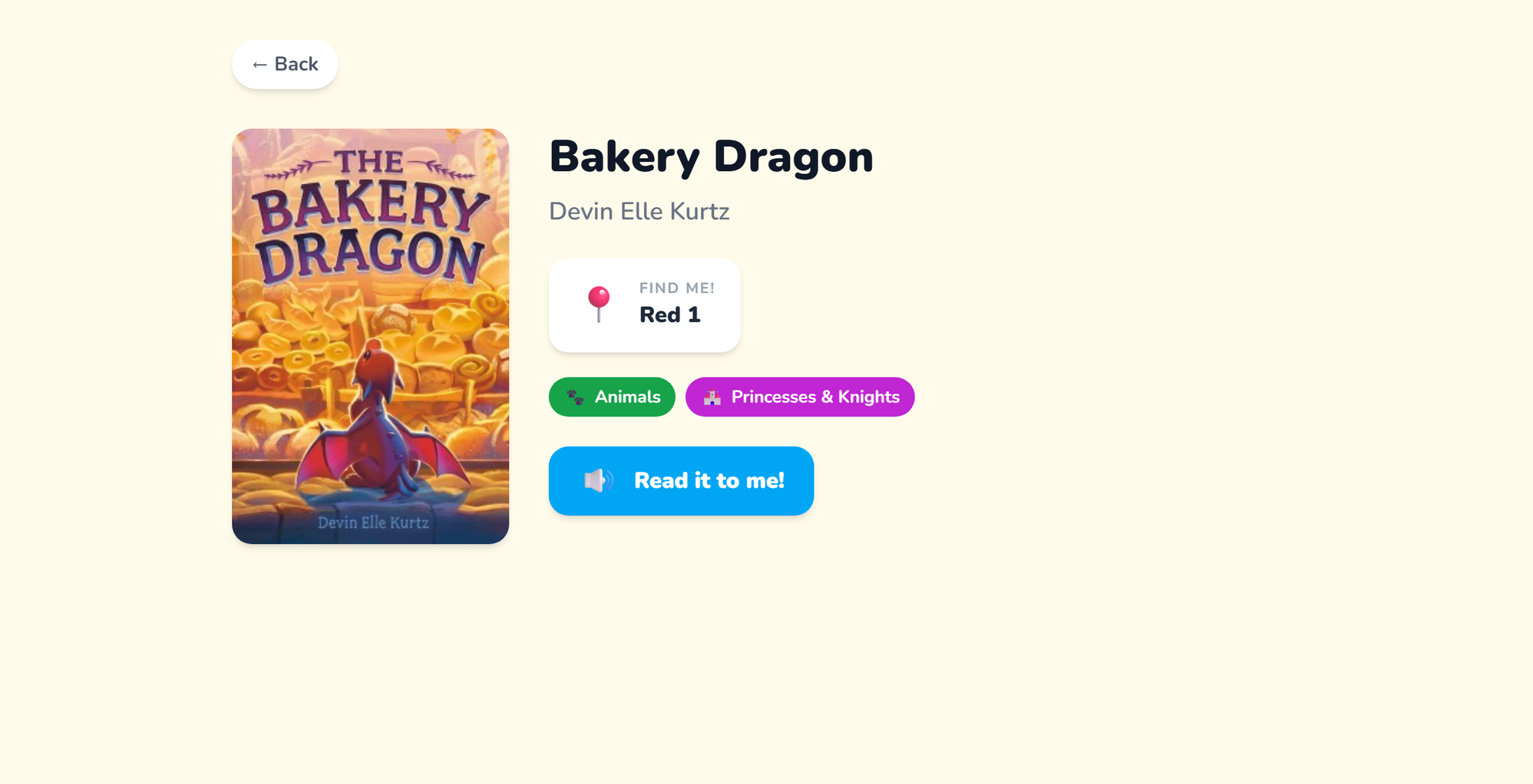 Book detail page with shelf location and read-aloud button