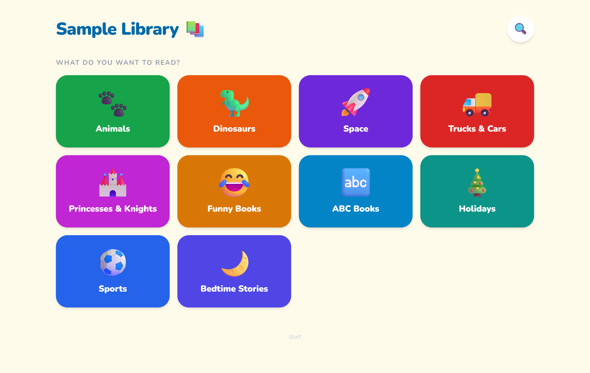 Colorful category grid with large emoji icons